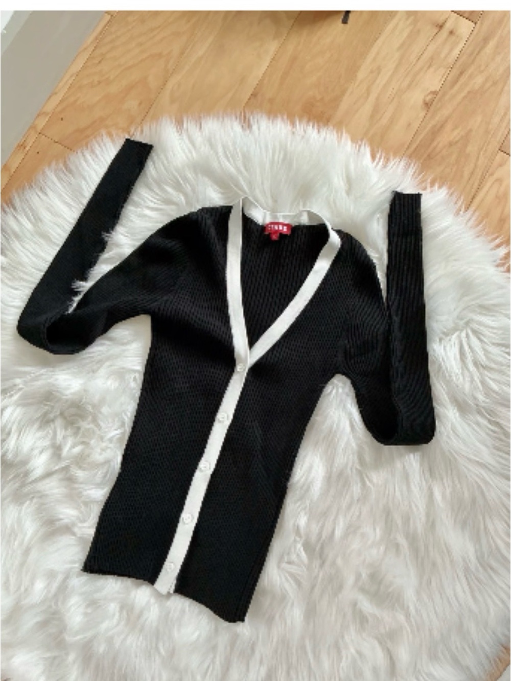 STAUD Black Cardigan with White Trim V-Neck
